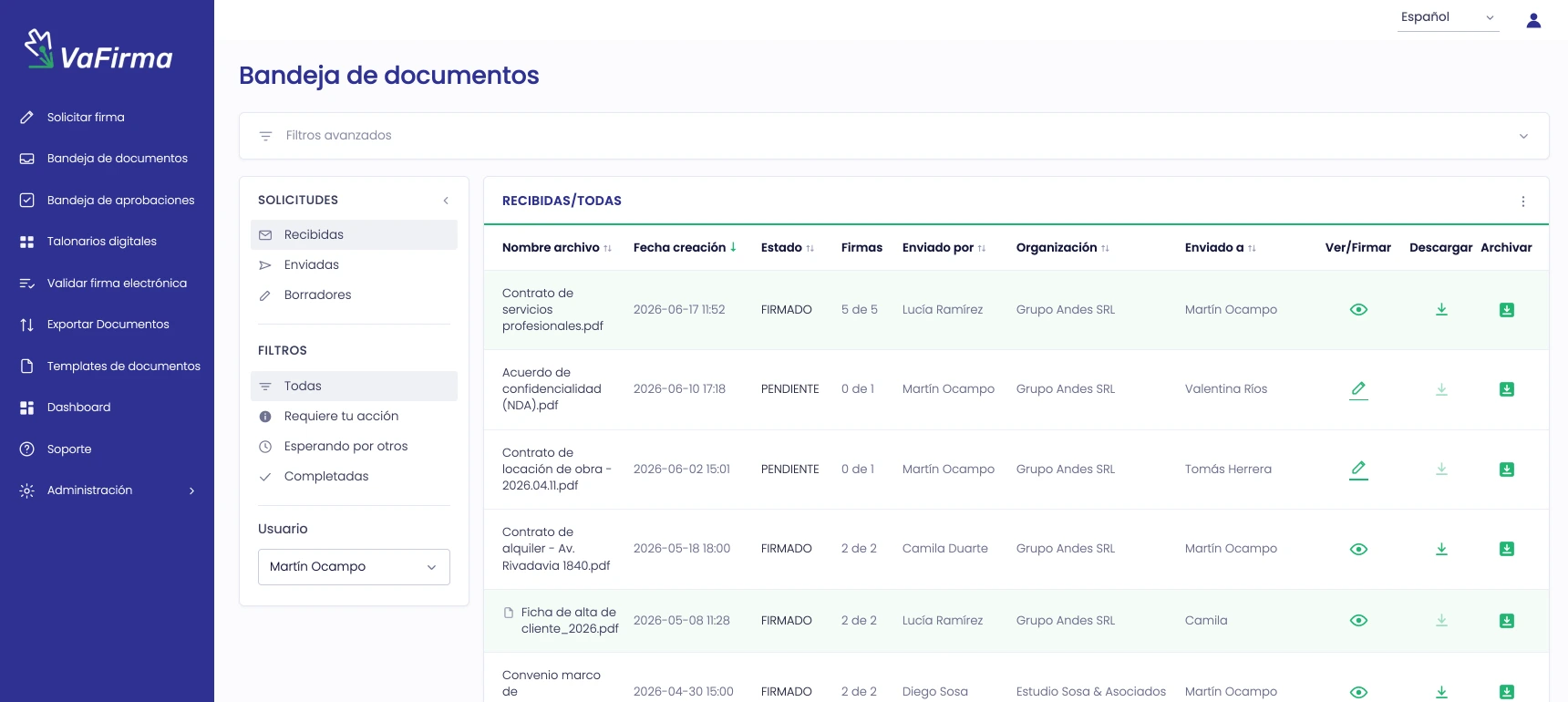 Bandeja de documentos de VaFirma con contratos en estado firmado y pendiente, cantidad de firmas y acciones de ver, descargar y archivar