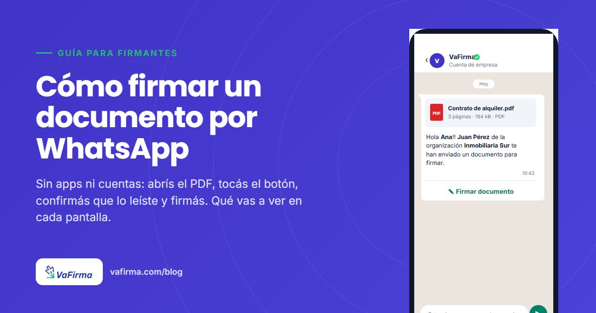 Pantalla de un celular con el mensaje de WhatsApp de VaFirma: el PDF, el botón Firmar documento y la pantalla de firma