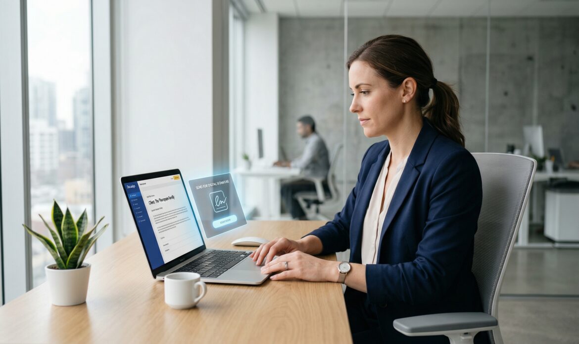 Profesional usando firma digital para cerrar contratos en inmobiliaria